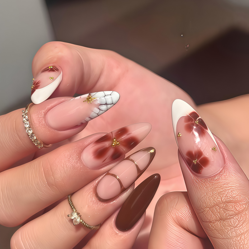 3D Printing Nails - 24PCS Gilded 3D Flower Press on
