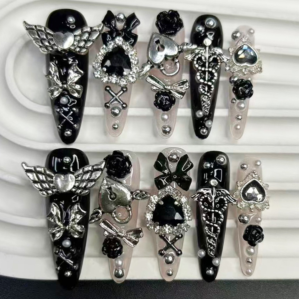 10PCS Jirai Y2K Black Pink Lon - 3D Printing Nails avaliação e preço
