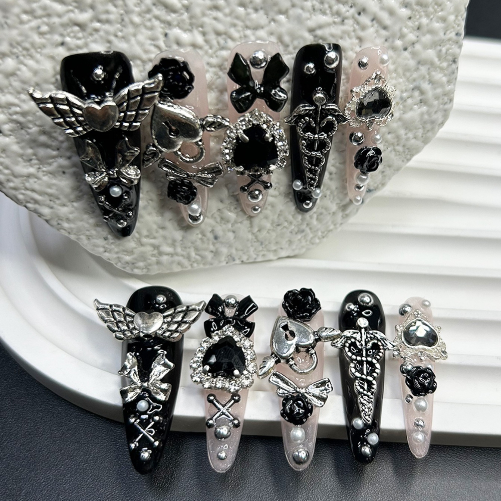 10PCS Jirai Y2K Black Pink Lon - 3D Printing Nails avaliação e preço