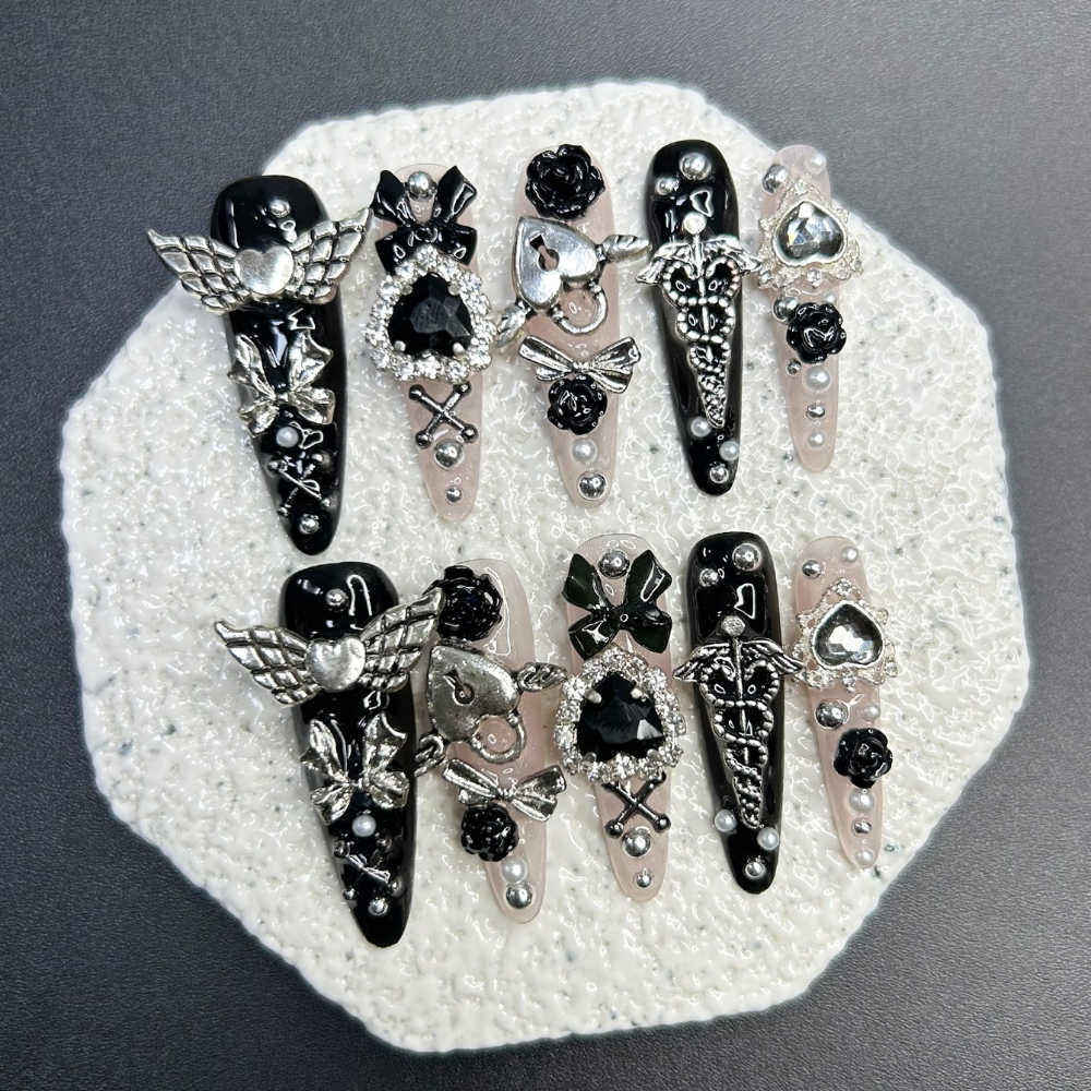 10PCS Jirai Y2K Black Pink Lon - 3D Printing Nails avaliação e preço